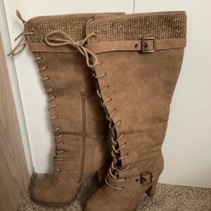 JustFab Tan Lace-Up Heeled Boots